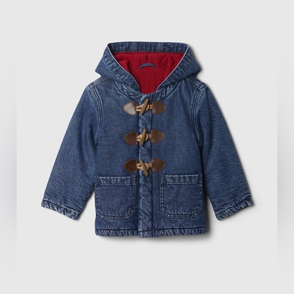NWT GAP BABY & TODDLER UNISEX LINED DENIM TOGGLE JACKET WITH HOOD | 18-24
